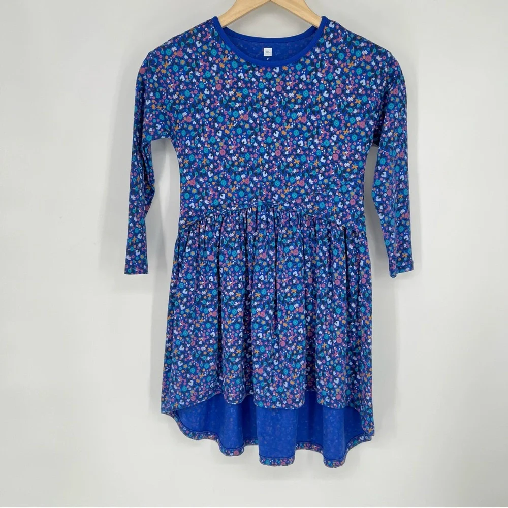 Tea Collection Vibrant‎ Floral Blue Purple Long Sleeve Kids Dress Sz 7